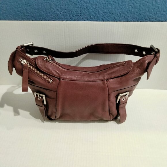 Kenneth Cole New York Hobo Bag, Burgundy Leather with Buckles and Wide Straps - Picture 1 of 10